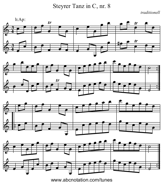 Steyrer Tanz in C, nr. 8 - staff notation
