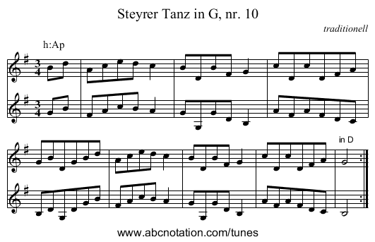 Steyrer Tanz in G, nr. 10 - staff notation
