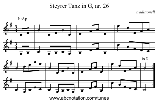 Steyrer Tanz in G, nr. 26 - staff notation