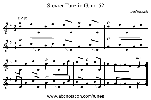Steyrer Tanz in G, nr. 52 - staff notation