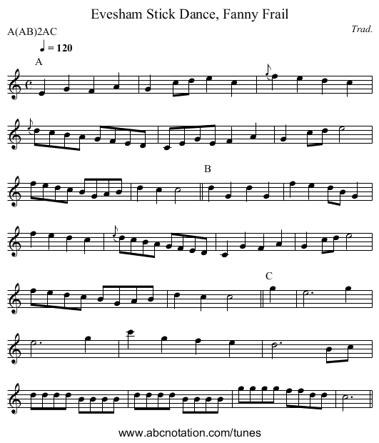 Stick Dance, Fanny Frail, Evesham - staff notation