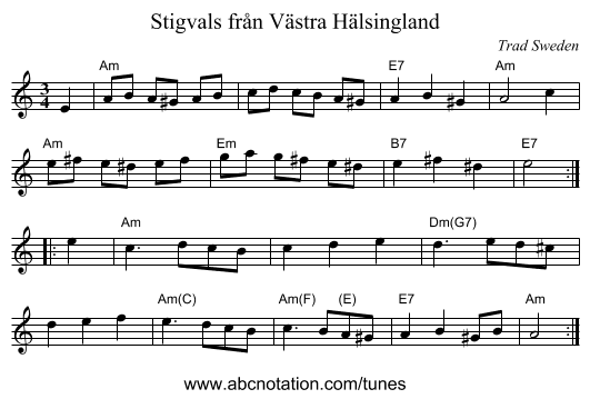 Stigvals från Västra Hälsingland - staff notation