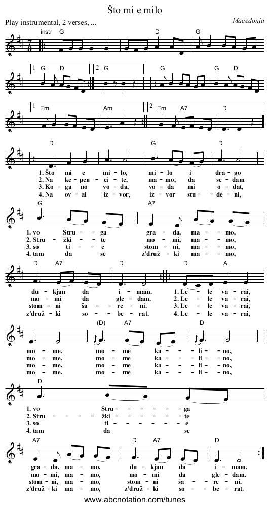 Što mi e milo - staff notation