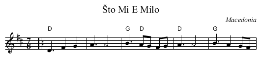 &Scaron;to Mi E Milo - staff notation