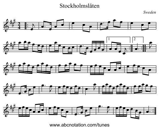 Stockholmslåten - staff notation