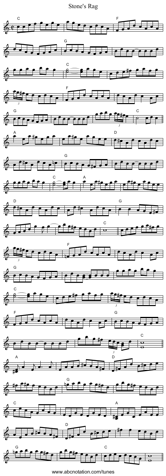 Stone's Rag - staff notation