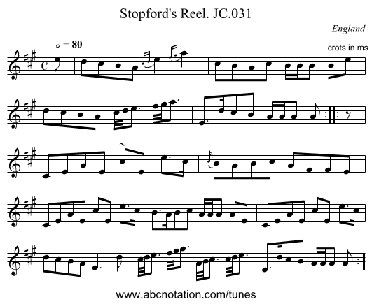 Stopford's Reel. JC.031 - staff notation