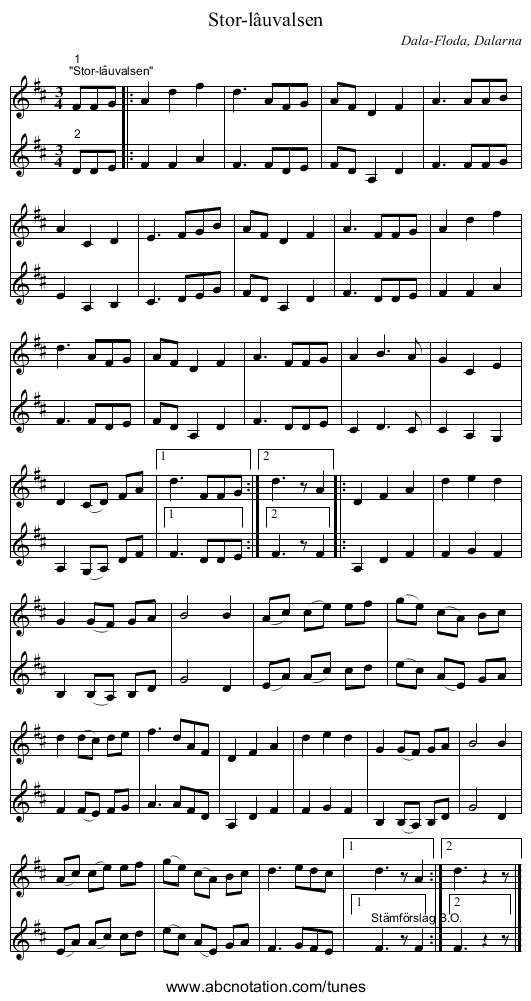 Stor-lâuvalsen - staff notation