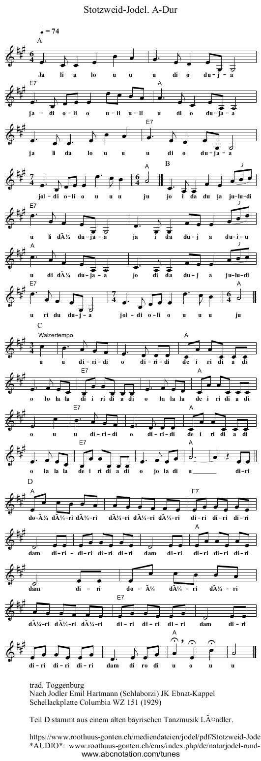 Stotzweid-Jodel. A-Dur - staff notation