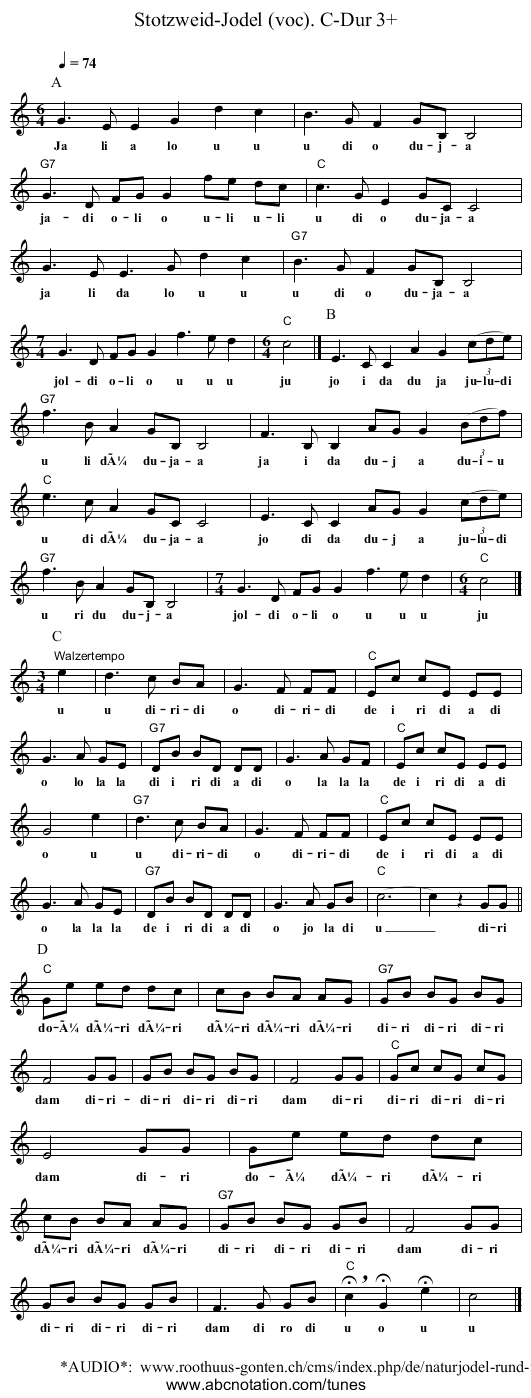 Stotzweid-Jodel (voc). C-Dur 3+ - staff notation