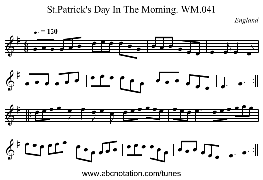 St.Patrick's Day In The Morning. WM.041 - staff notation