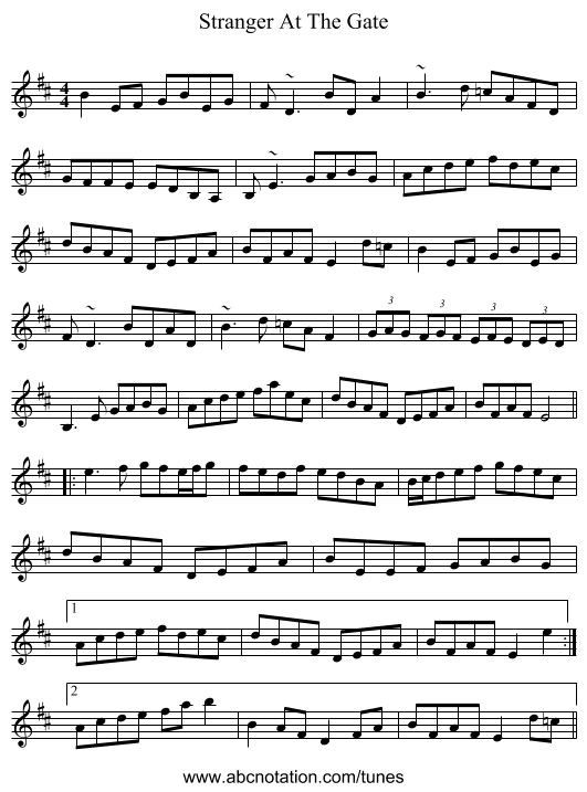 Stranger At The Gate - staff notation