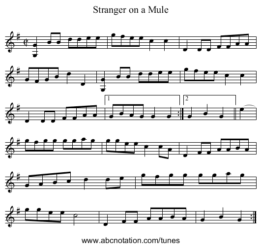 Stranger on a Mule - staff notation