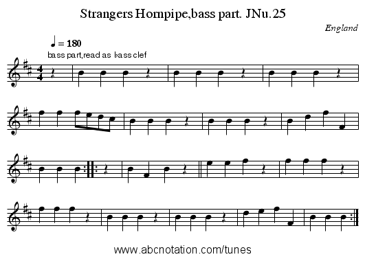 Strangers Hornpipe,bass part. JNu.25 - staff notation