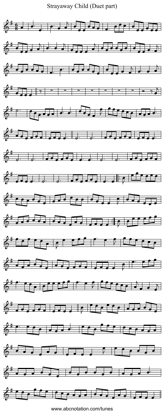 Strayaway Child (Duet part) - staff notation