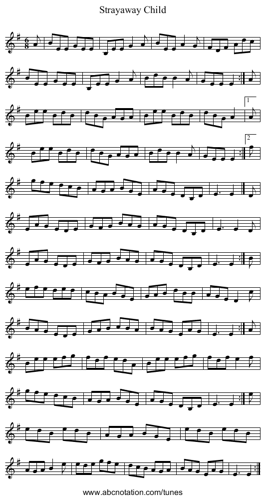 Strayaway Child - staff notation