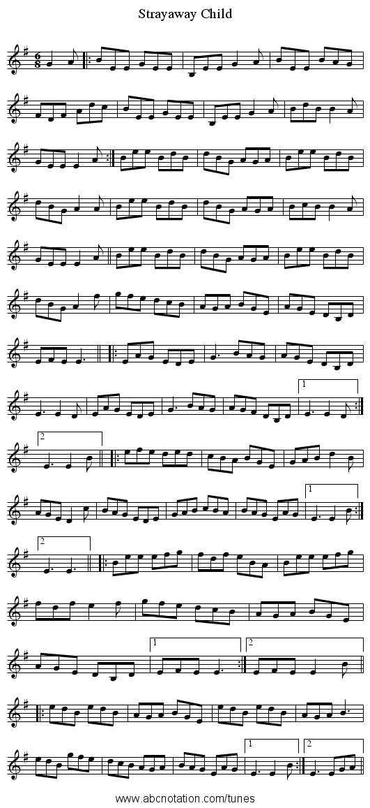 Strayaway Child - staff notation