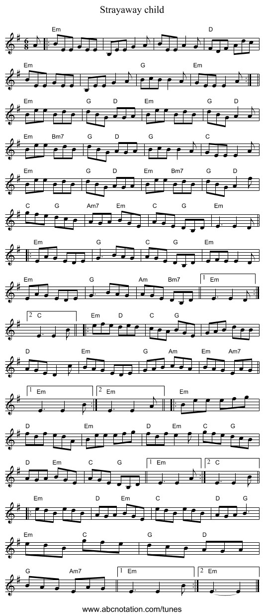 Strayaway child - staff notation
