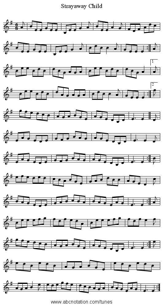 Strayaway Child - staff notation