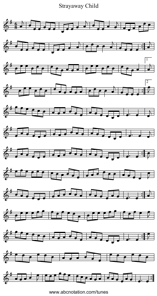 Strayaway Child - staff notation