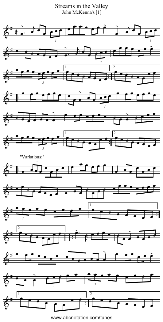 Streams in the Valley - staff notation