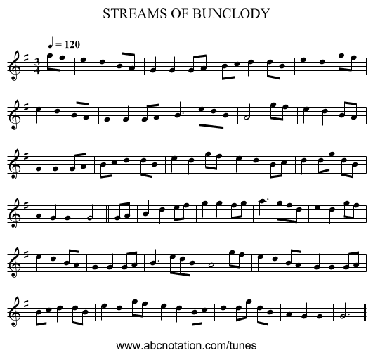STREAMS OF BUNCLODY - staff notation