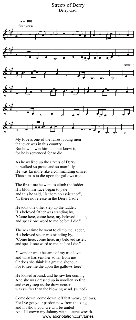 Streets of Derry - staff notation