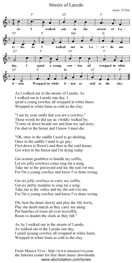 Streets of Laredo - staff notation