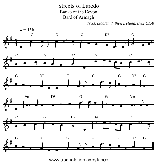 Streets of Laredo - staff notation