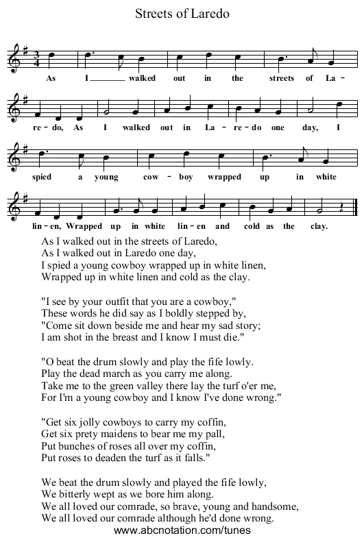 Streets of Laredo - staff notation
