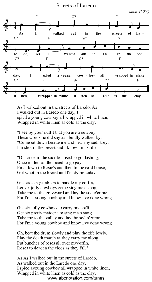 Streets of Laredo - staff notation