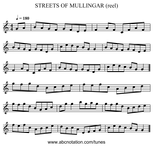 STREETS OF MULLINGAR (reel) - staff notation