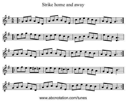 Strike home and away - staff notation