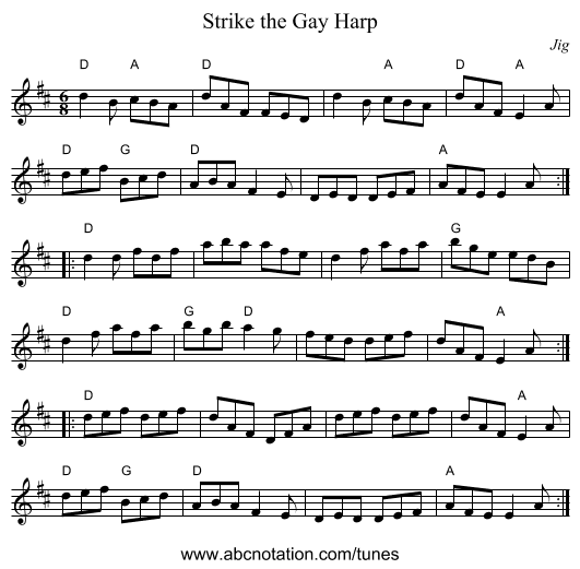 Strike the Gay Harp - staff notation