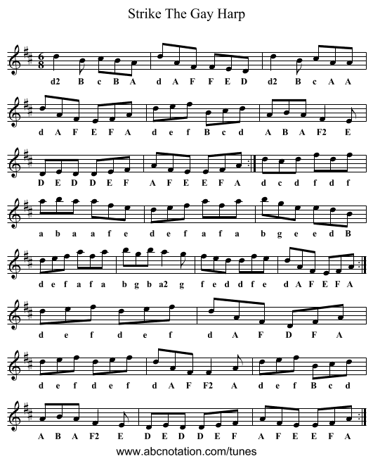 Strike The Gay Harp - staff notation