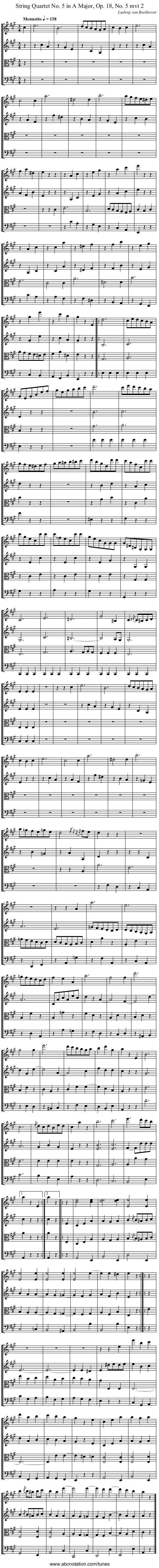 String Quartet No. 5 in A Major, Op. 18, No. 5 mvt 2 - staff notation