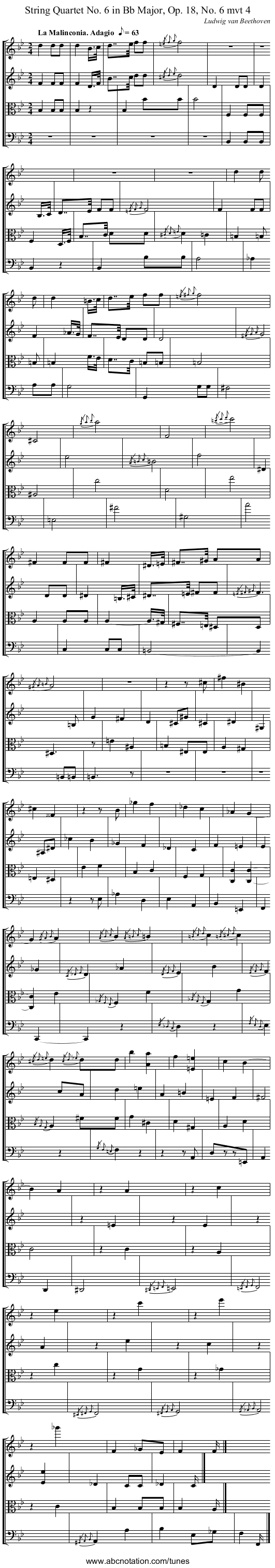 String Quartet No. 6 in B♭ Major, Op. 18, No. 6 mvt 4 - staff notation