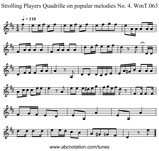 Strolling Players Quadrille on popular melodies No. 4. WmT.063 - staff notation