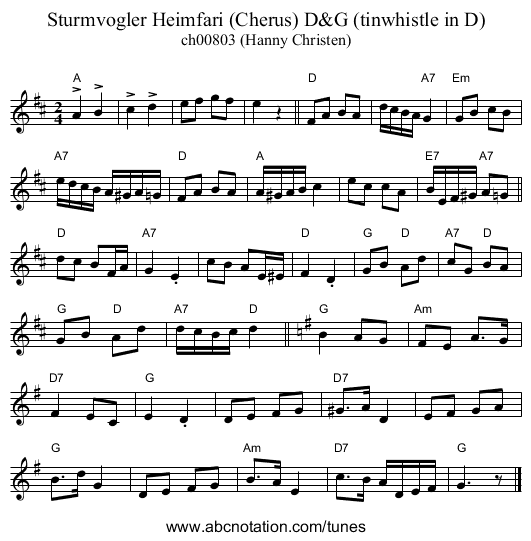 Sturmvogler Heimfari (Cherus) D&G (tinwhistle in D) - staff notation