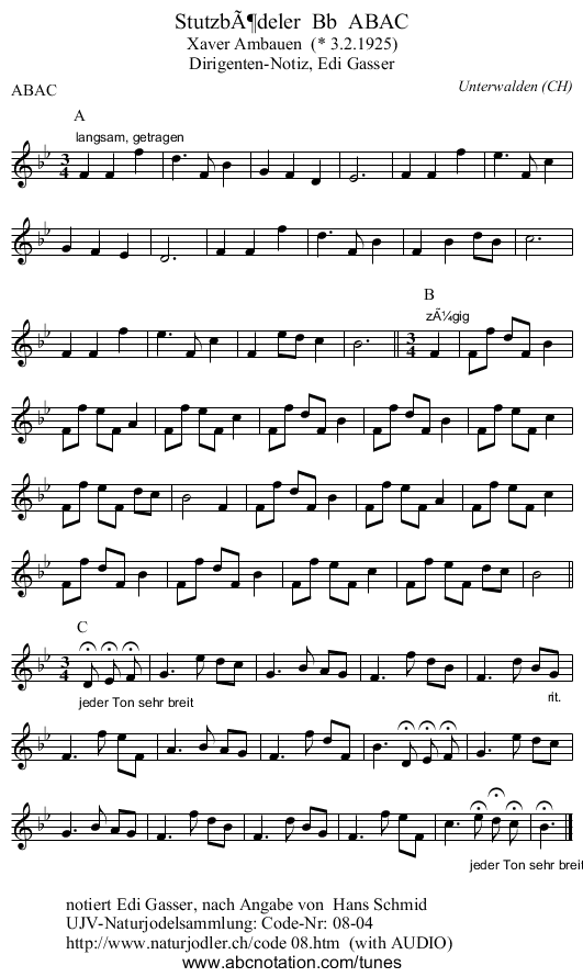 StutzbÃ¶deler  Bb  ABAC - staff notation