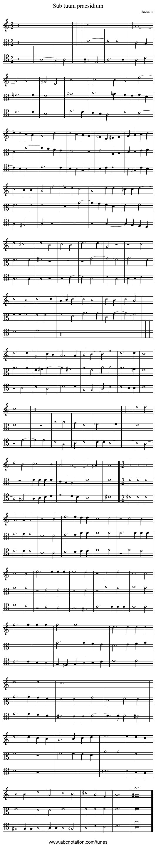 Sub tuum praesidium - staff notation