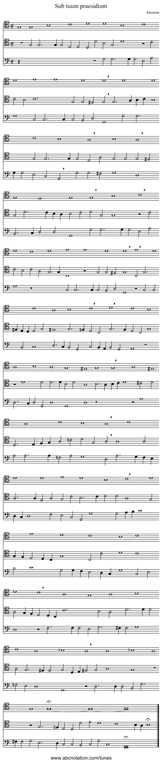 Sub tuum praesidium - staff notation