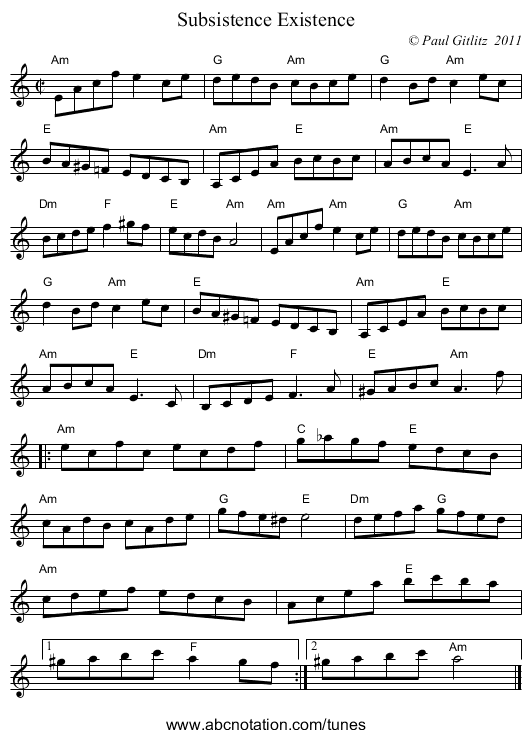 Subsistence Existence - staff notation