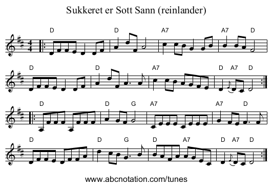 Sukkeret er S&oslash;tt Sann (reinlander) - staff notation