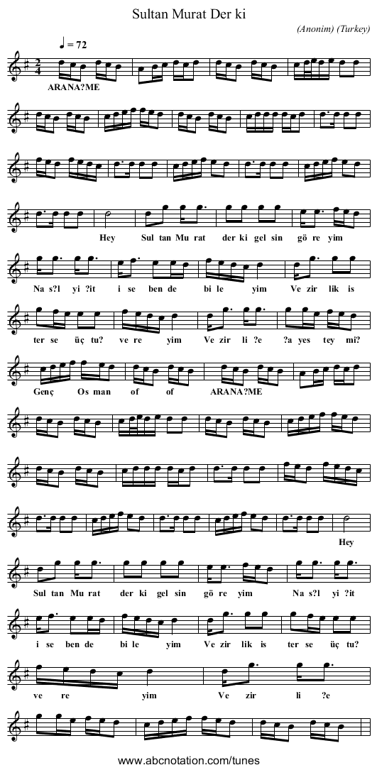 Sultan Murat Der ki - staff notation