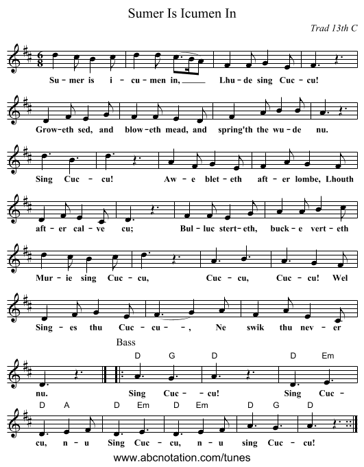 Sumer Is Icumen In - staff notation