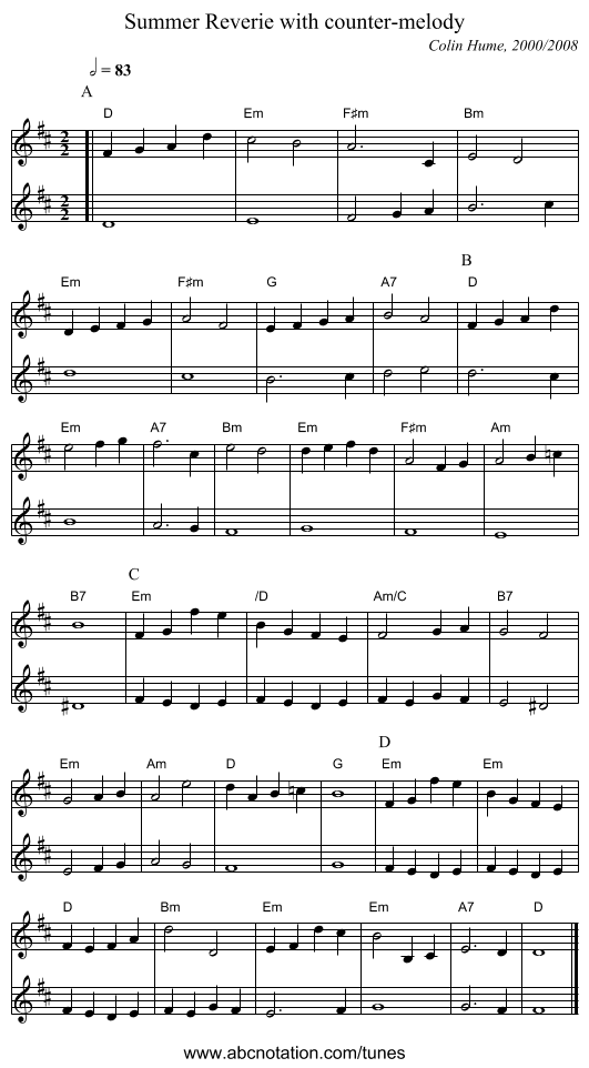 Summer Reverie with counter-melody - staff notation