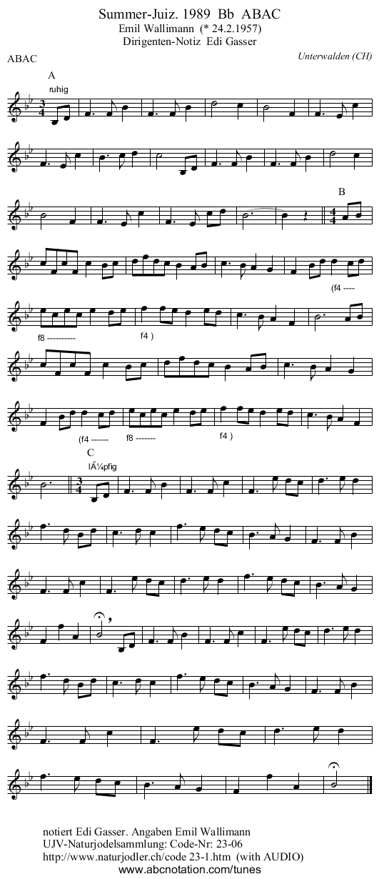 Summer-Juiz. 1989  Bb  ABAC - staff notation