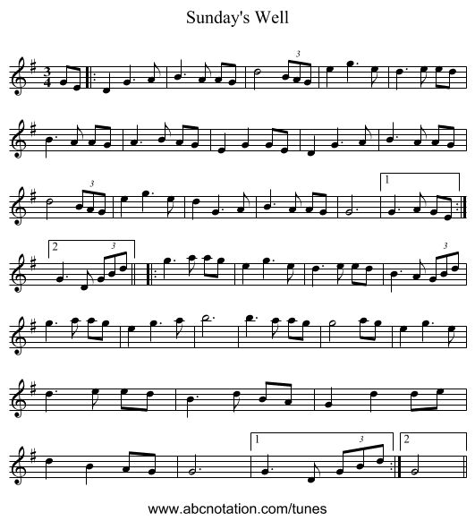 Sunday's Well - staff notation