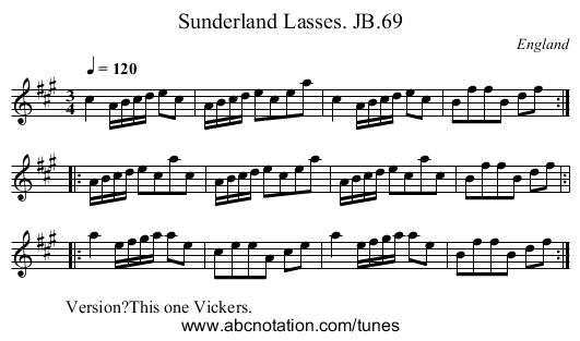 Sunderland Lasses. JB.69 - staff notation